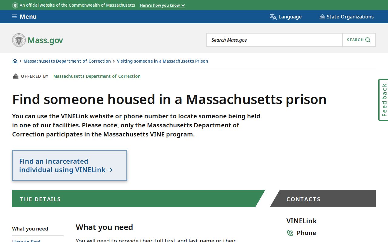Massachusetts VINE search for Suffolk County state prisoners