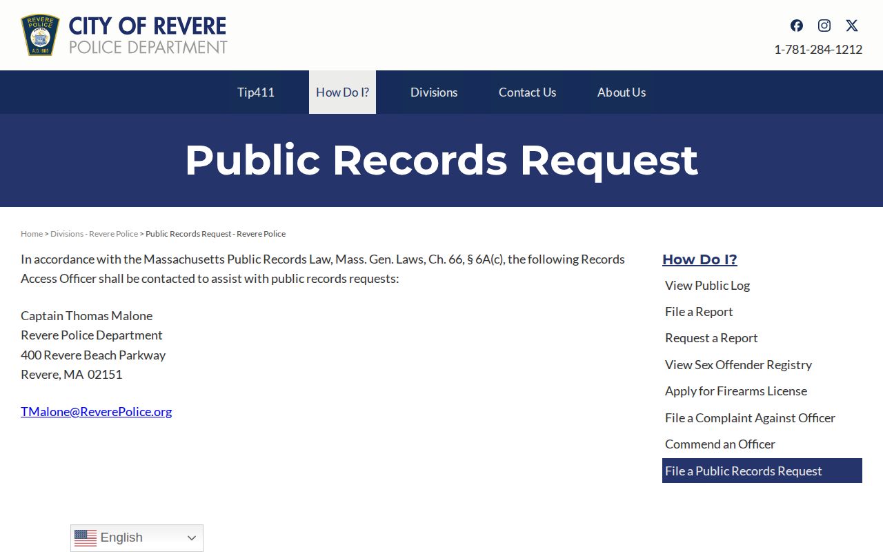 Revere Police arrest-record request page